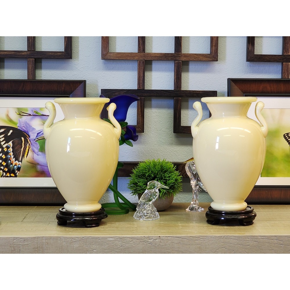 Steuben Set Of Two Matching Greek Style Antique Vases W/Presentation Stands